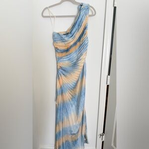 Endless Blu Asymmetrical Blue and Cream Dress, open side w ruching, flowy!